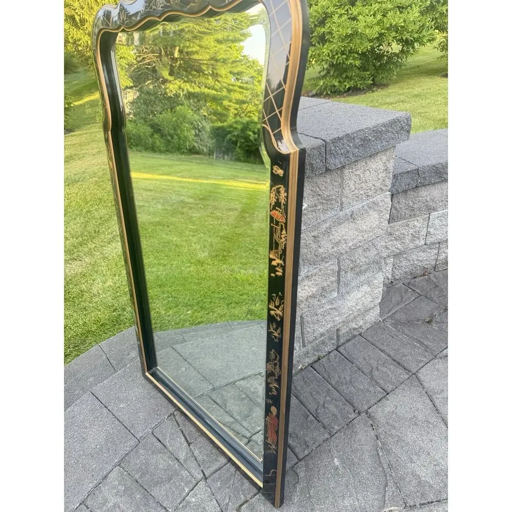 Chinoiserie Black Lacquer Mirror Gold Asian Pagoda Beveled Wall Mirror 43x25”